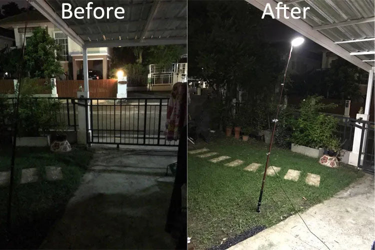LED fishing rod light with telescopic pole extended, showing white LED array and remote control