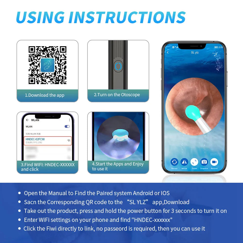NE3 wireless ear cleaner otoscope with camera, charging cable, and spoon heads on a white background.