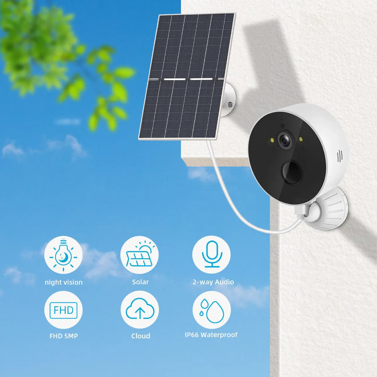 Outdoor solar-powered security camera with separate solar panel for battery charging.