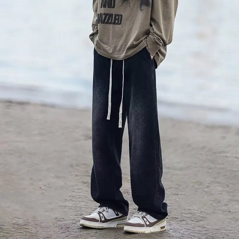 Men's blue straight-leg denim trousers with drawstring waist for casual spring summer wear