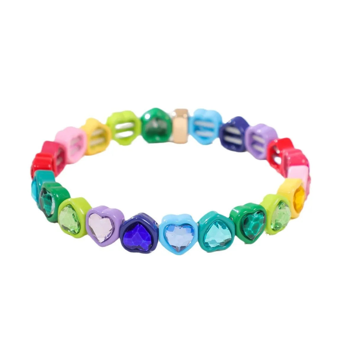 Rainbow coloured alloy heart charm on a stretch bracelet with a diamond-effect finish.