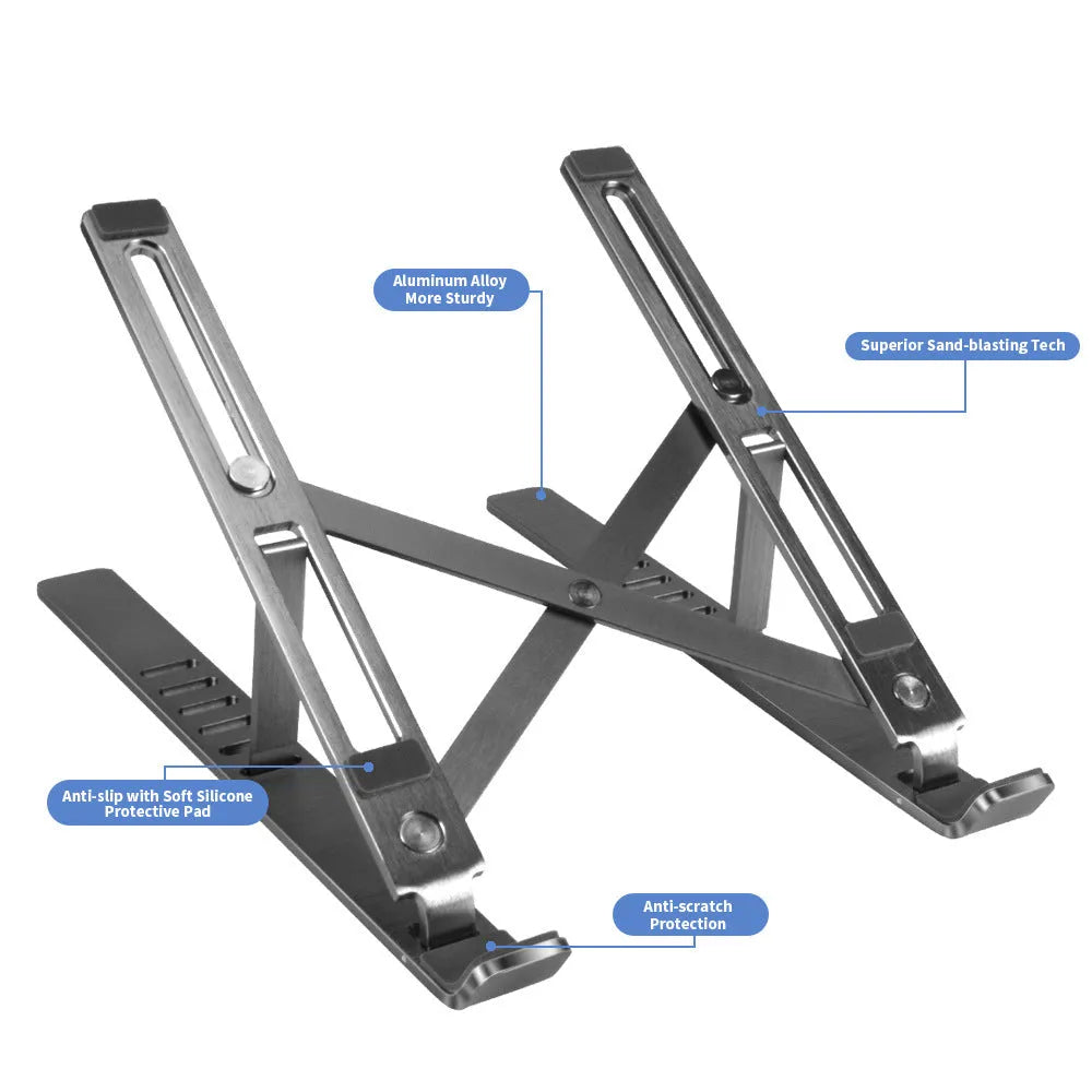 Silver aluminium laptop stand with six adjustable gear positions shown folded