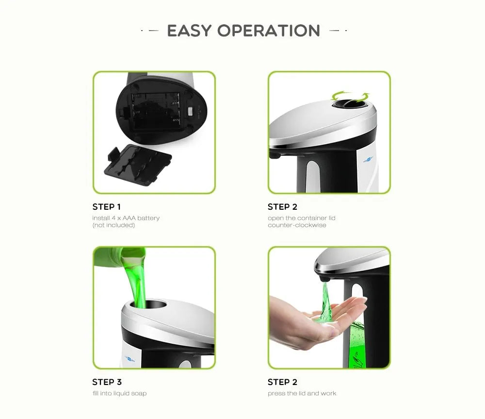 Black automatic liquid soap dispenser with infrared sensor and 400ml capacity