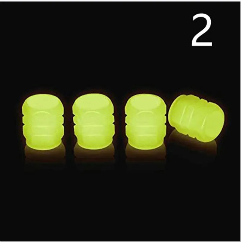 Luminous rubber tyre valve caps showing split design and available glow colours