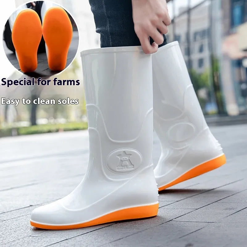 Men's white plastic rain boots with high tube design and flat heel