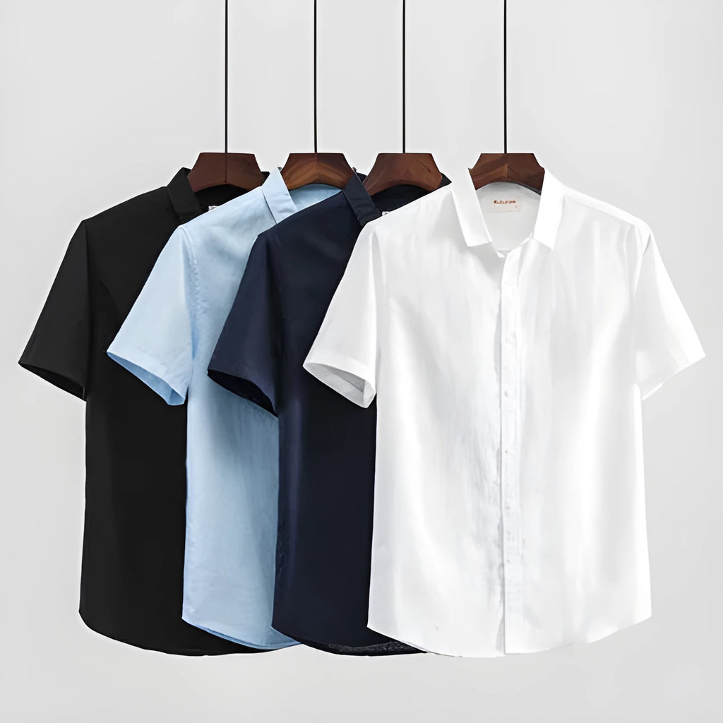 Men's square collar linen short sleeve shirt in cotton blend fabric for summer casual wear