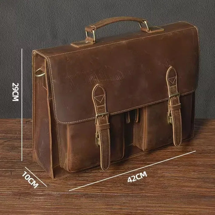 Cowhide leather crossbody computer bag with anti-theft features in dark brown colour