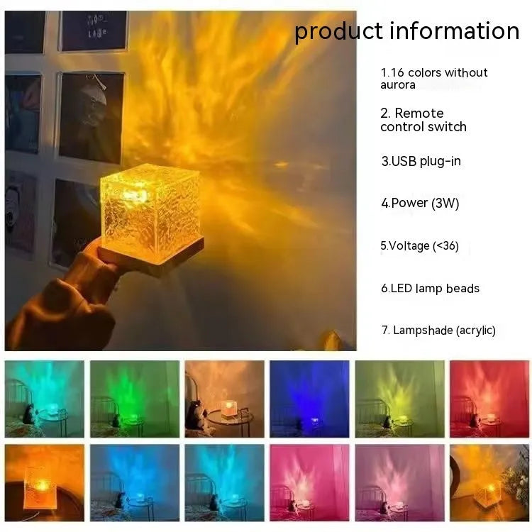 Water ripple crystal table lamp projecting coloured light patterns on wall
