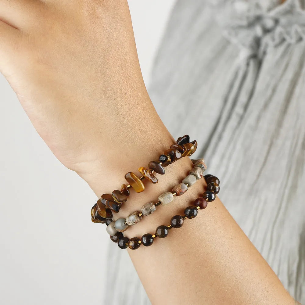 Brown Tigereye stone and bronze geometric bracelet with manual craftsmanship details