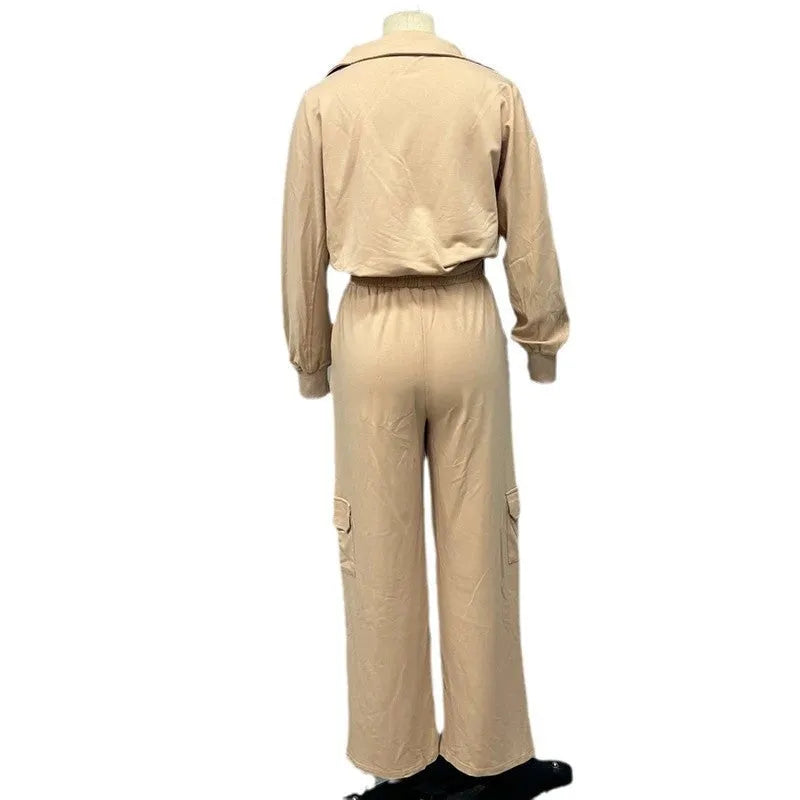 Women's light camel lapel short top and high-waist wide-leg trousers two-piece set