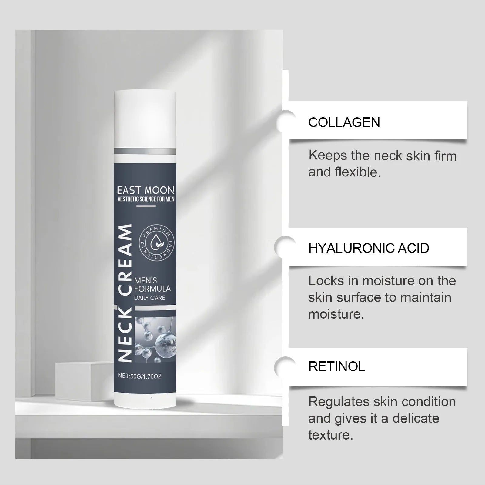 50g tube of men's neck cream with collagen and hyaluronic acid formulation