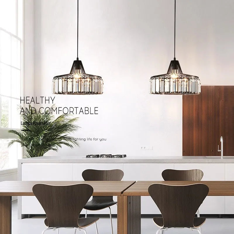 Modern crystal LED ceiling chandelier with black iron frame and decorative crystal elements