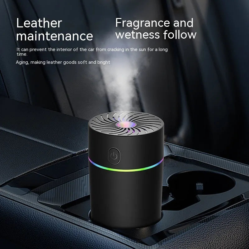 USB car mini humidifier in black or white with plug-in or battery options for vehicle use