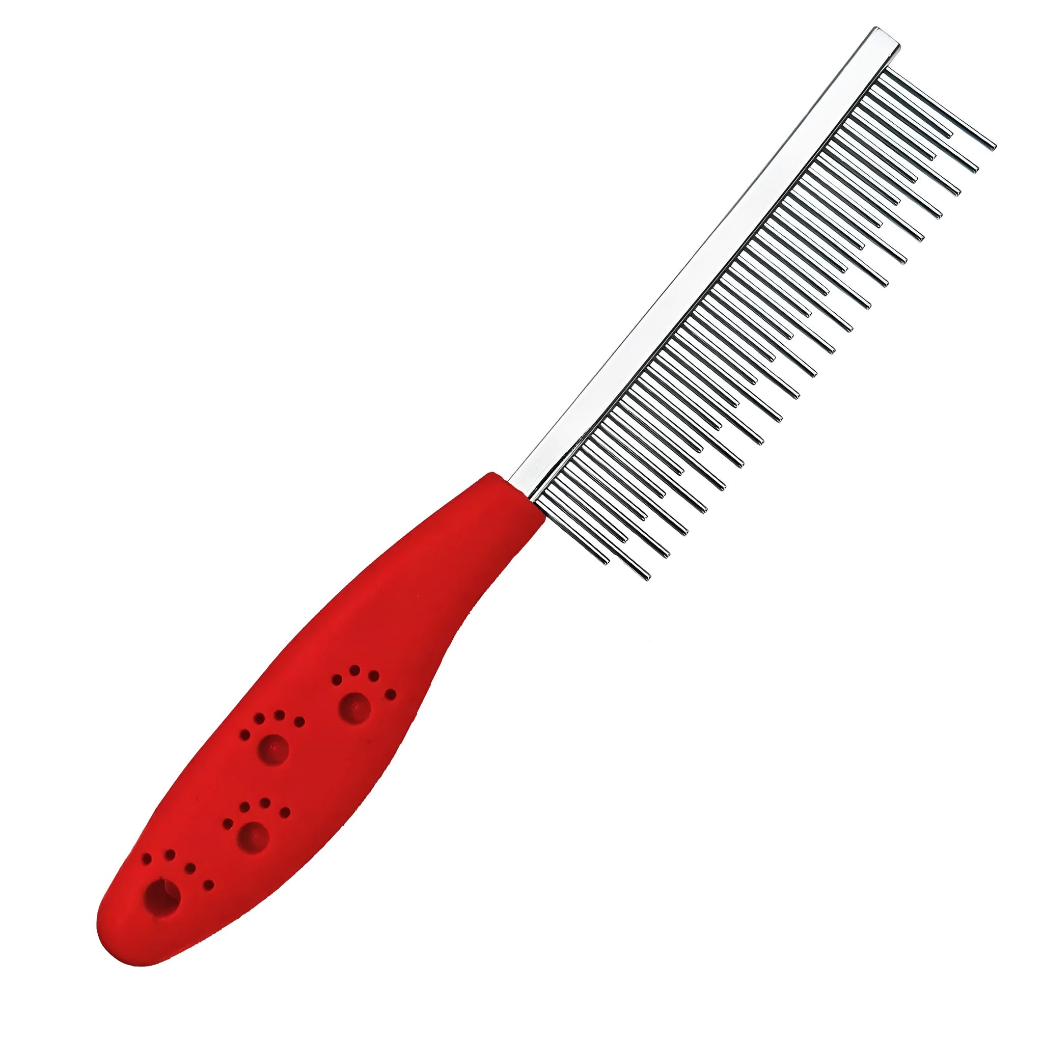 Red plastic handle pet grooming comb with stainless steel short and long teeth for detangling