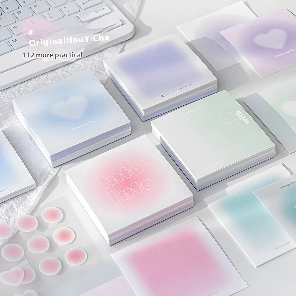 Square 70mm multifunctional notepad with gradient parchment pages, shown in Blush, Chin Blue, Chin Green, and Chin Purple cover colours.
