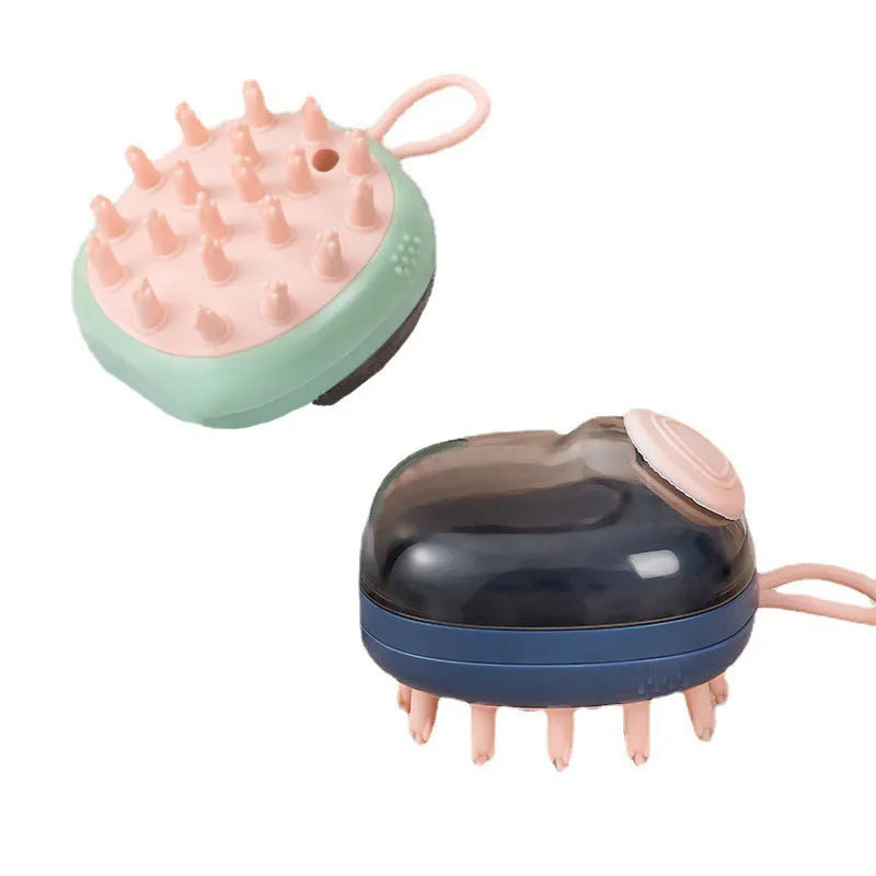 Blue and green 2-in-1 pet grooming brush with shampoo dispenser for dog and cat bathing