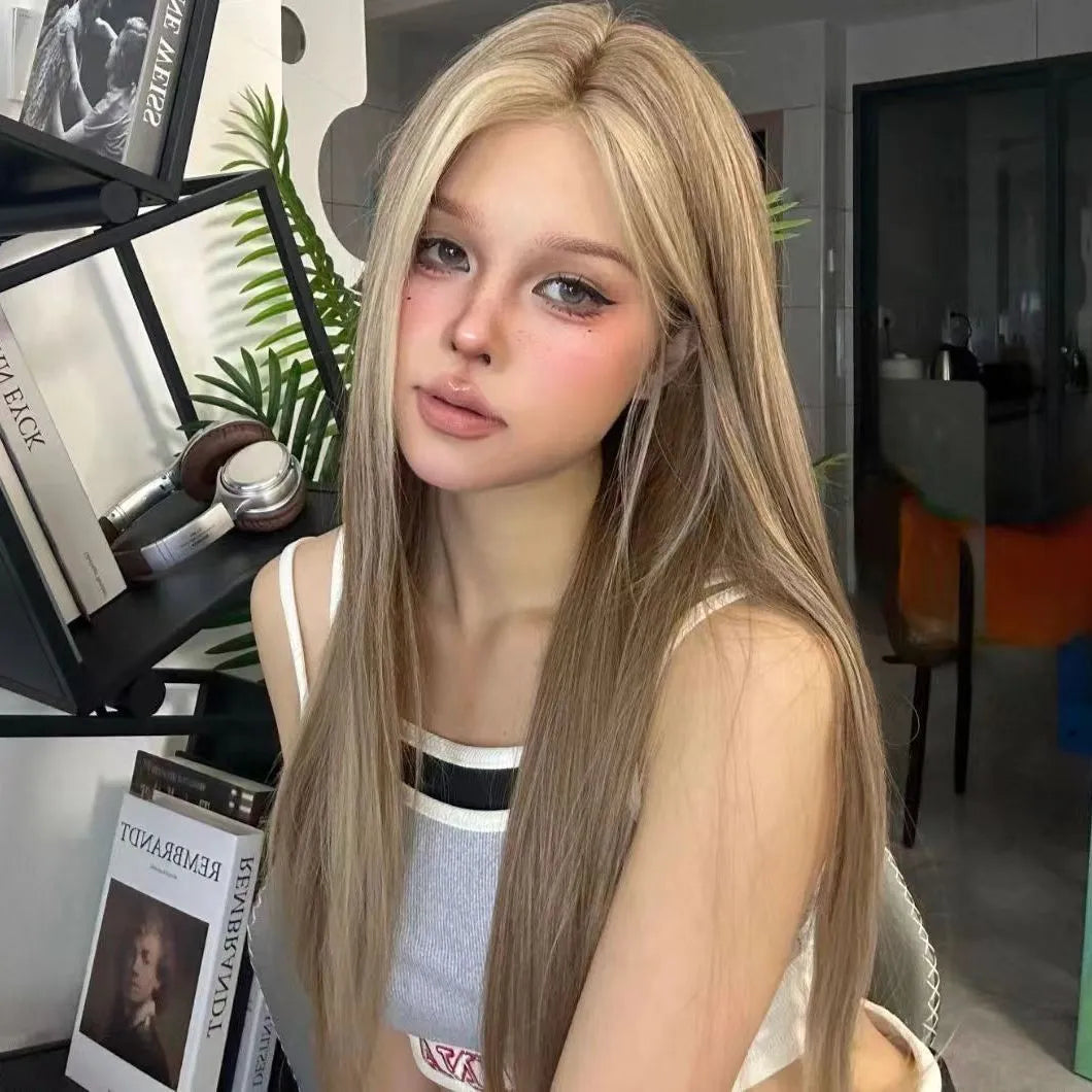 Women's golden brown gradient lace front wig with centre parting and synthetic fibre construction