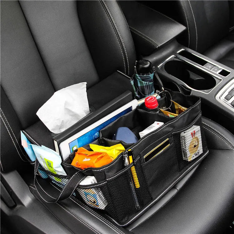 Black oxford cloth car boot storage box organiser measuring 33cm by 33cm by 16cm.