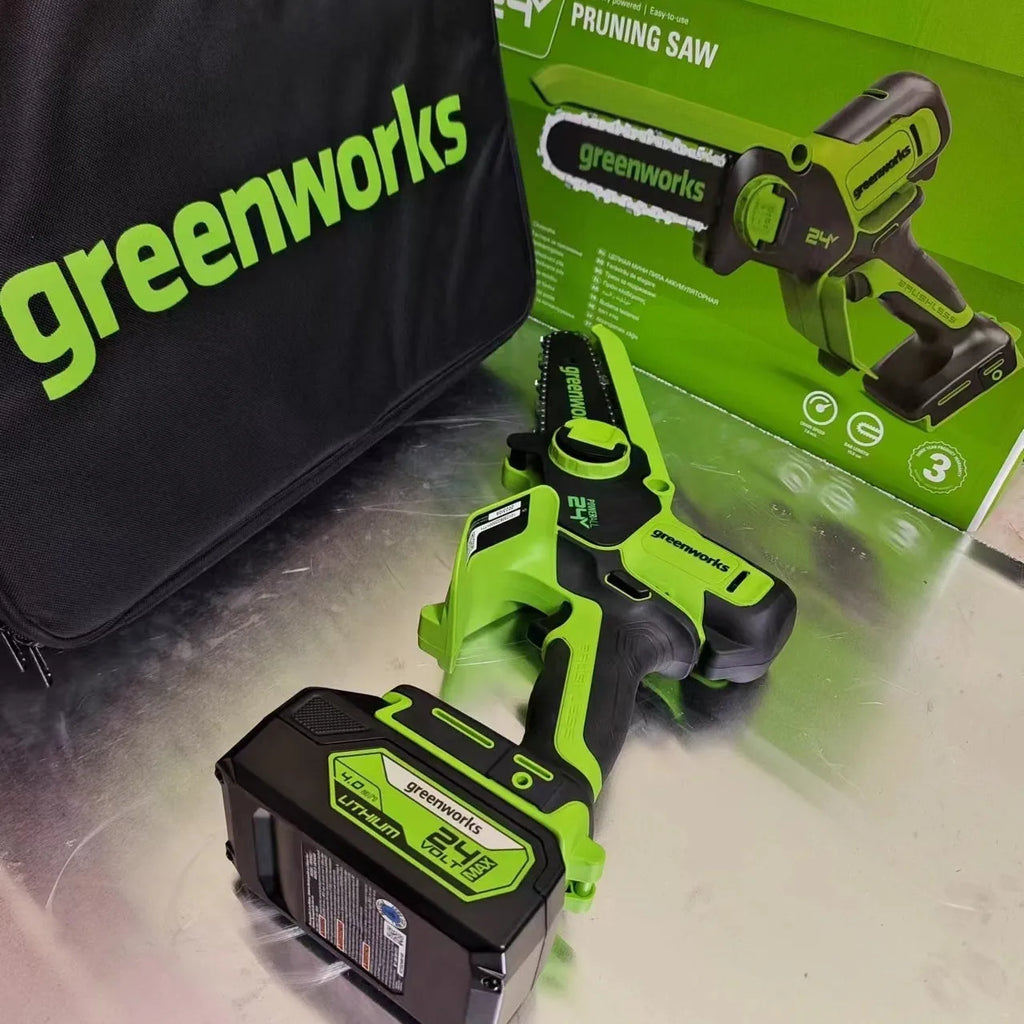 6-inch cordless electric chainsaw with 24V lithium battery, guide plate, and charger