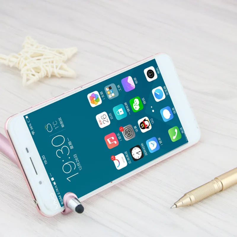 Touchscreen pen with integrated mobile phone holder showing 0.5mm tip and black/blue refill options