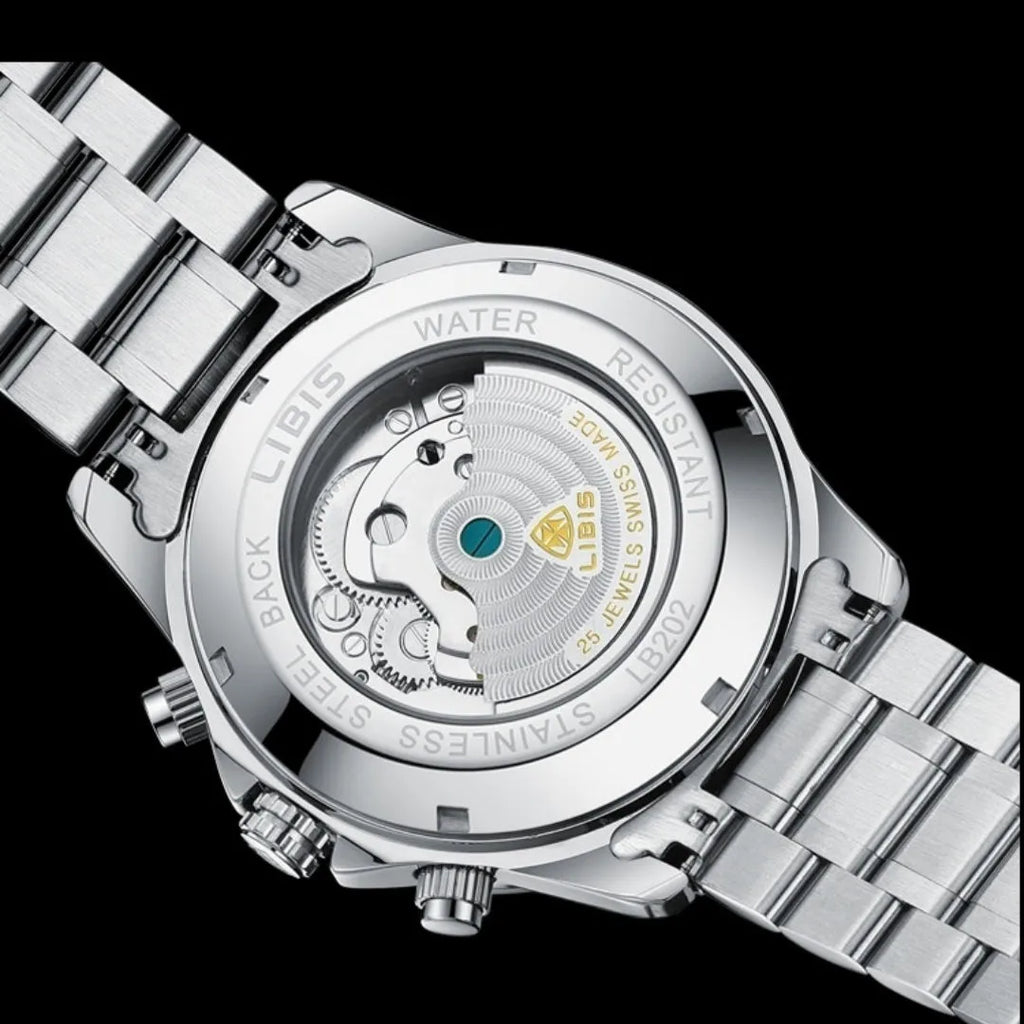 Men's silver stainless steel automatic perpetual calendar watch with sapphire crystal glass.