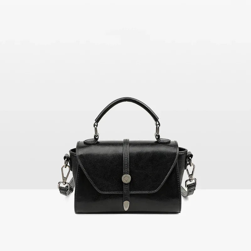 Genuine leather crossbody shoulder bag in dark brown, horizontal square shape with stitched details, 20x9x12 cm