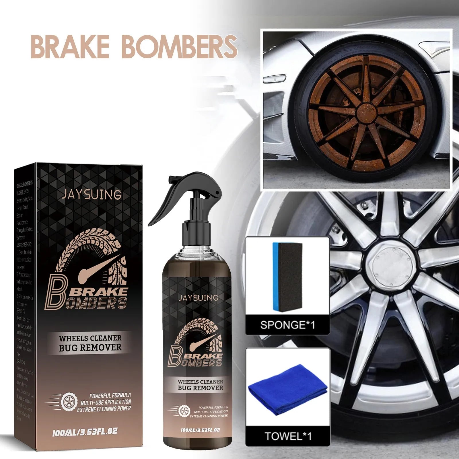 Car brake cleanser kit with 100ml bottle, application sponge and cleaning cloth for disc maintenance