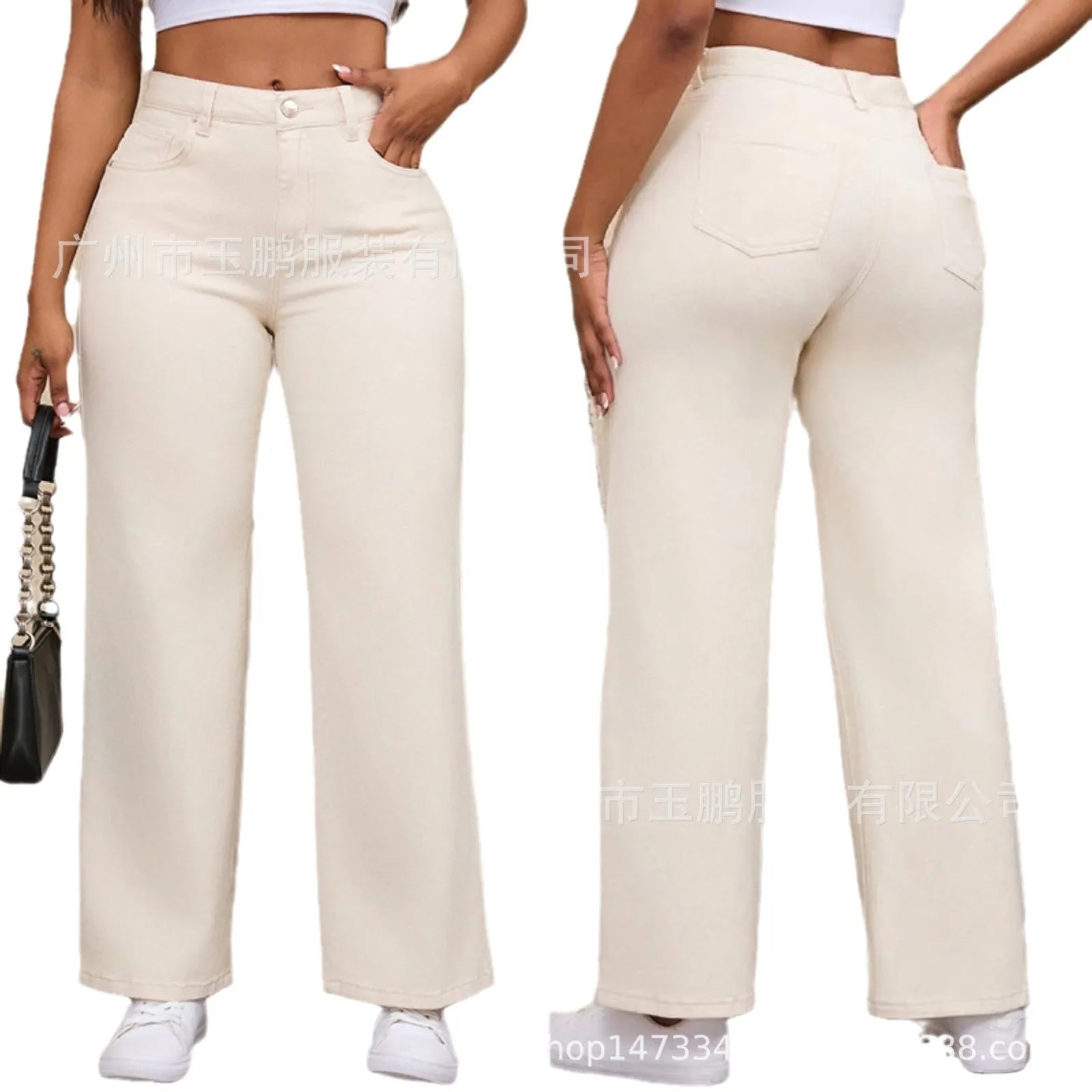 Women's straight leg wide trousers in apricot colour with high waist