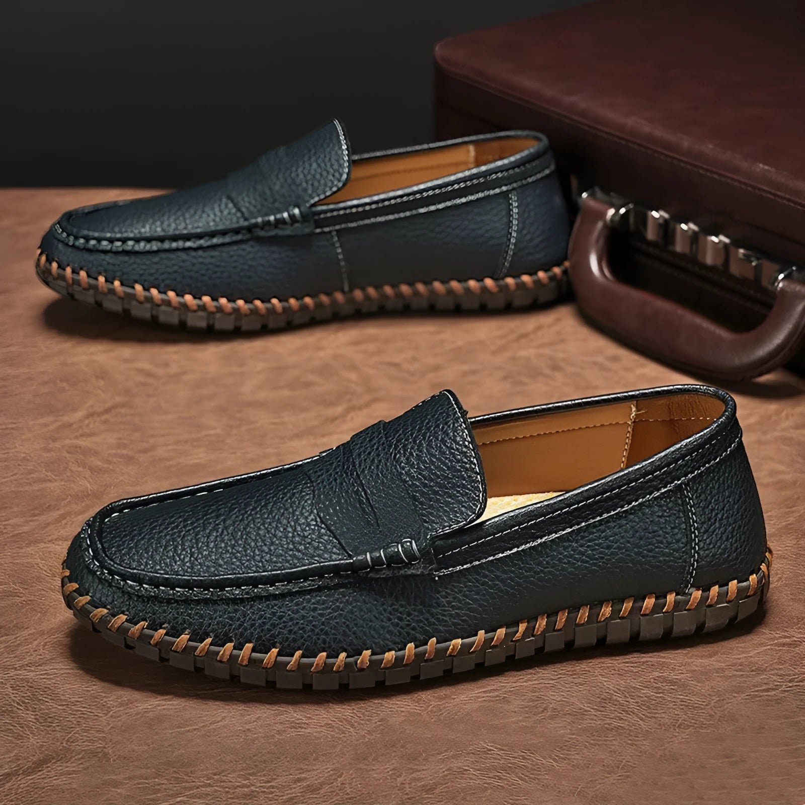 Men's casual leather slip-on shoes with hand-stitched bottom, square heel, and rubber sole in a neutral colour.