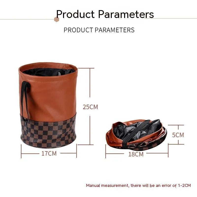 Brown leather folding interior trash can with a retractable handle, shown unfolded.