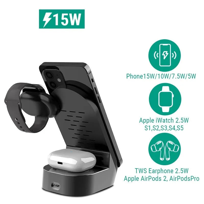 Black-grey foldable 3-in-1 wireless charging vertical stand for mobile phone, watch and headphones.