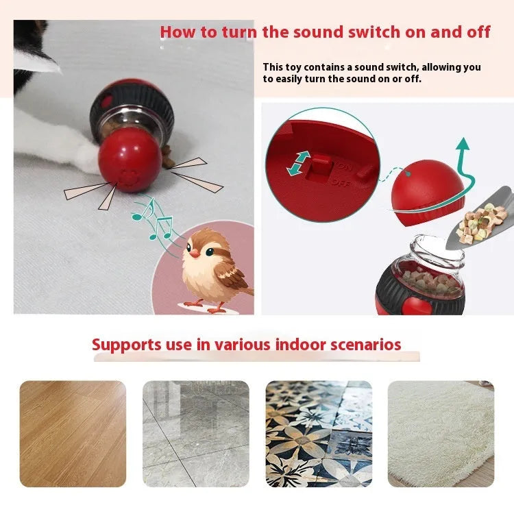 Rotating plastic cat toy with a colourful super ball on a base, showing dimensions.