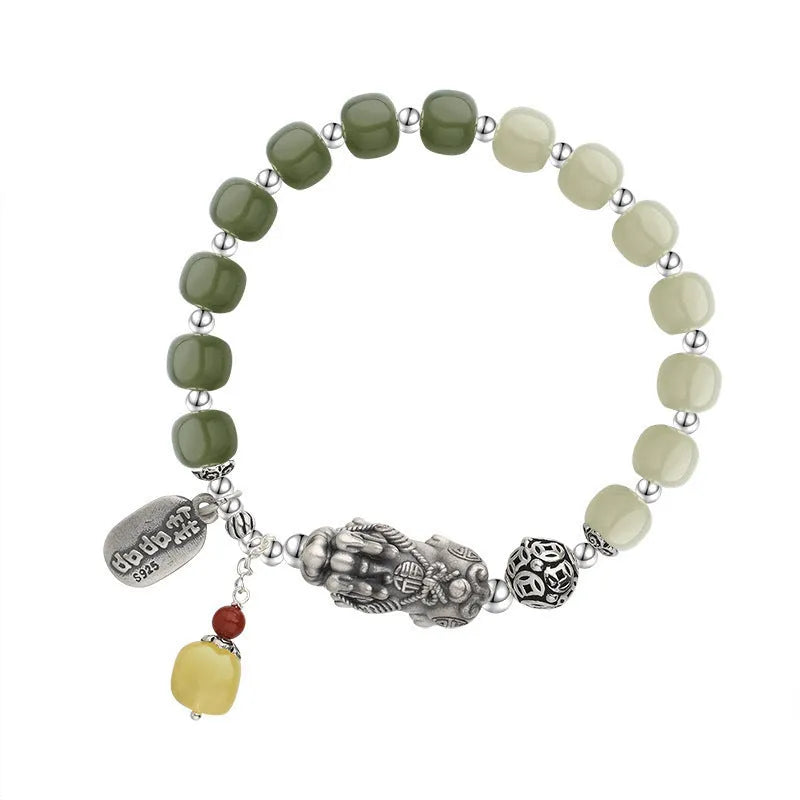 Retro women's bracelet with pure silver coin charm and natural Hetian jade bead