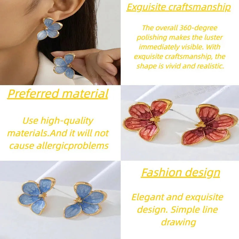 Alloy three-dimensional flower drop dangle earrings in blue and red for women