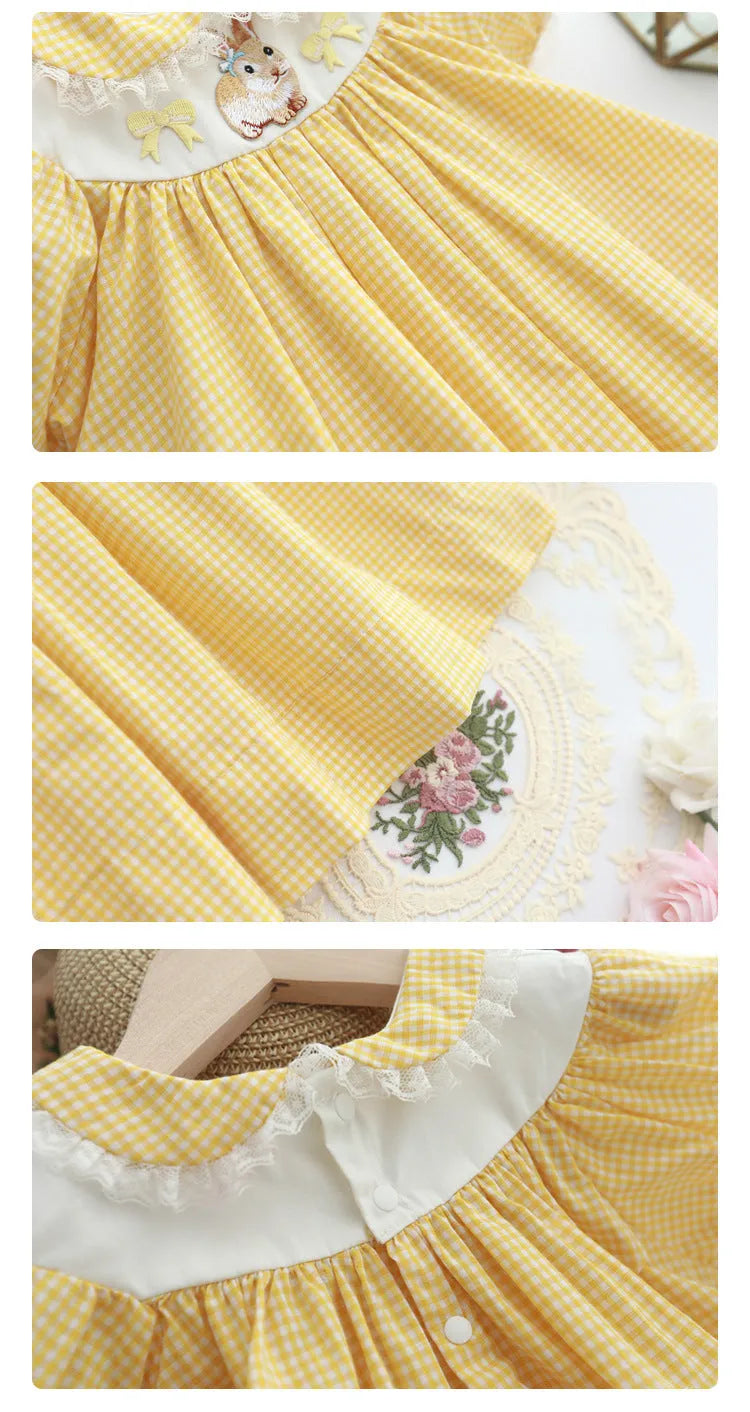 Girls yellow cotton dress with retro plaid embroidery for height 90-130cm