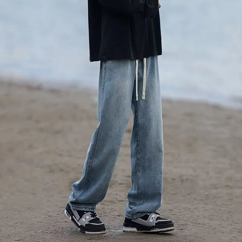 Men's blue straight-leg denim trousers with drawstring waist for casual spring summer wear