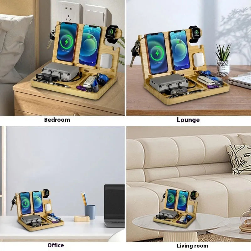 Multifunctional bamboo wireless charger bracket in wheat colour with 2A output