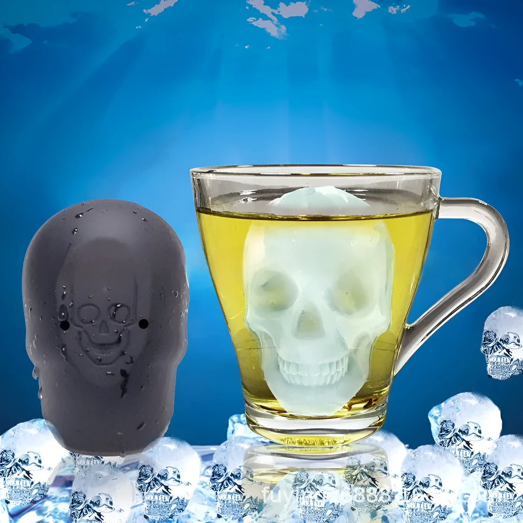 3D Halloween skull ice cube tray in food-grade silicone measuring 5.8 x 8.5 x 7 cm