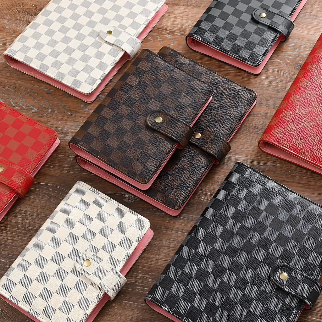 Loose-leaf notebook with imitation leather cover in red, black, white or brown, available in A5, A6 and A7 sizes
