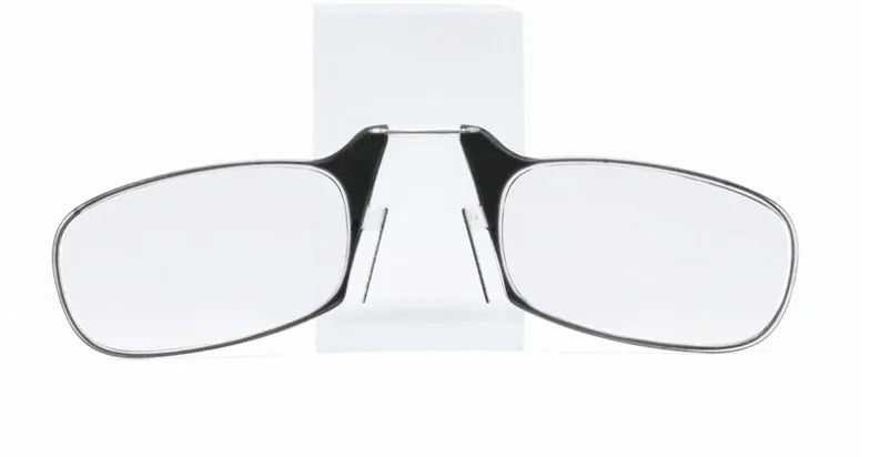 Legless nose clip reading glasses in multiple colours with ultra-thin case for elderly portable use