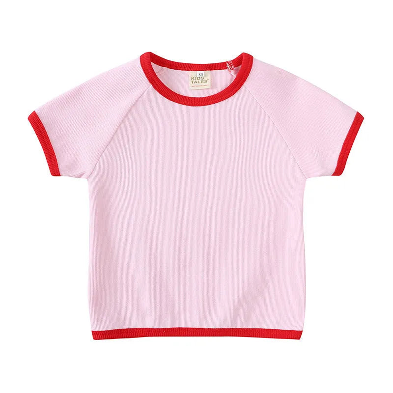 Children's cotton short sleeve shirt and shorts set in solid colour, summer two-piece outfit with pullover top.