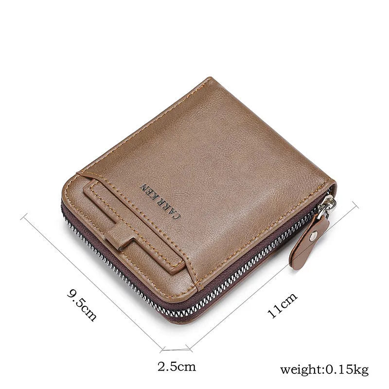 Men's short horizontal square zipper wallet in brown polyurethane leather with multiple card slots and metal zipper closure
