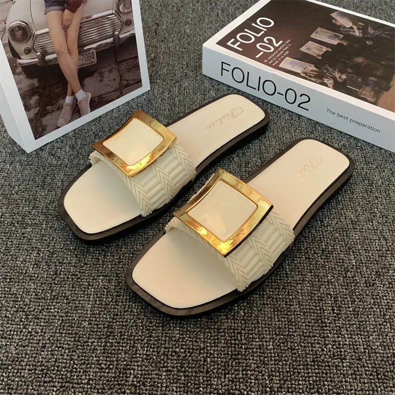 Women's flat casual slippers in apricot colour with a textured waterproof PVC sole.