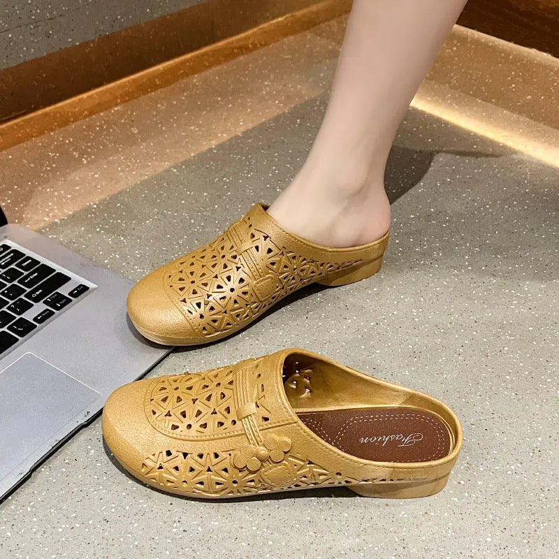 Flat toe box fairy style PVC half slippers with hollow out design in apricot colour