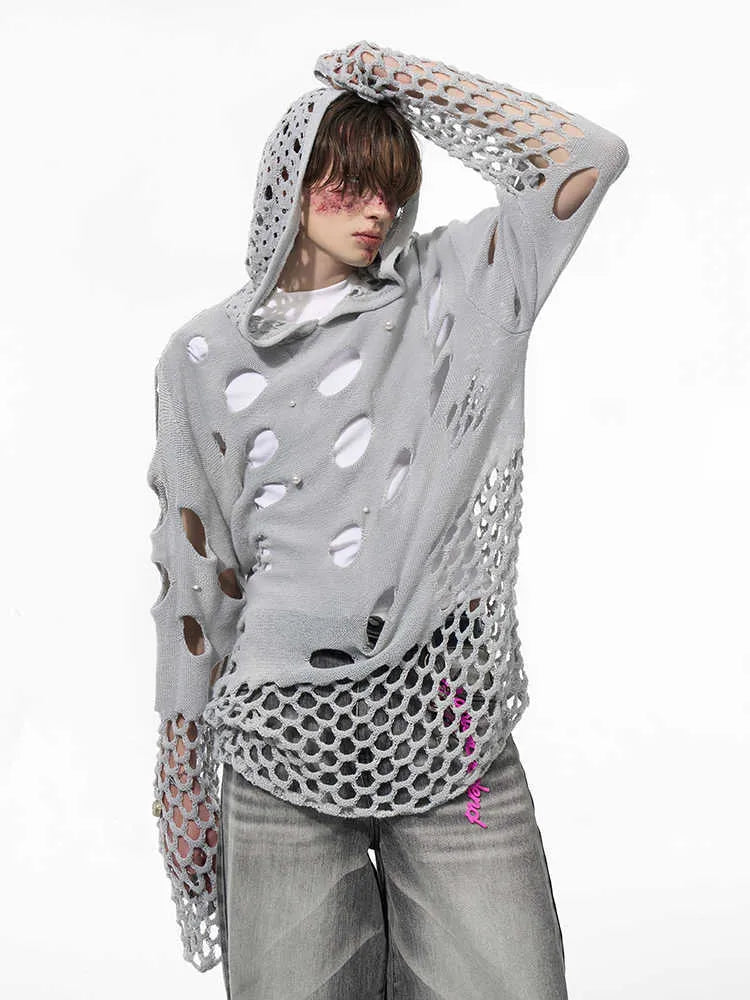 Black men's hollow knit hoodie with pearl decoration on the chest, loose fit.