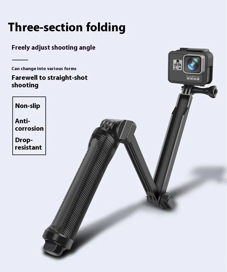 Black portable folding tripod bracket for GoPro Hero action cameras shown in open and closed positions