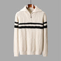 Thickened zipper lapel high collar loose sweater in dark gray with raglan sleeves, front view on model