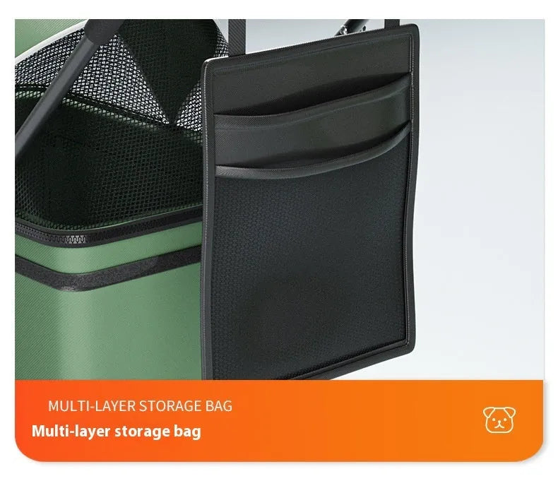 Black folding pet cart with large capacity interior and detachable metal frame design