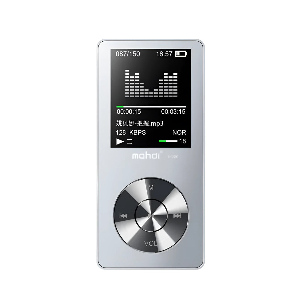 Gold all-metal portable MP3 music player with 1.8-inch screen displayed next to headphones.