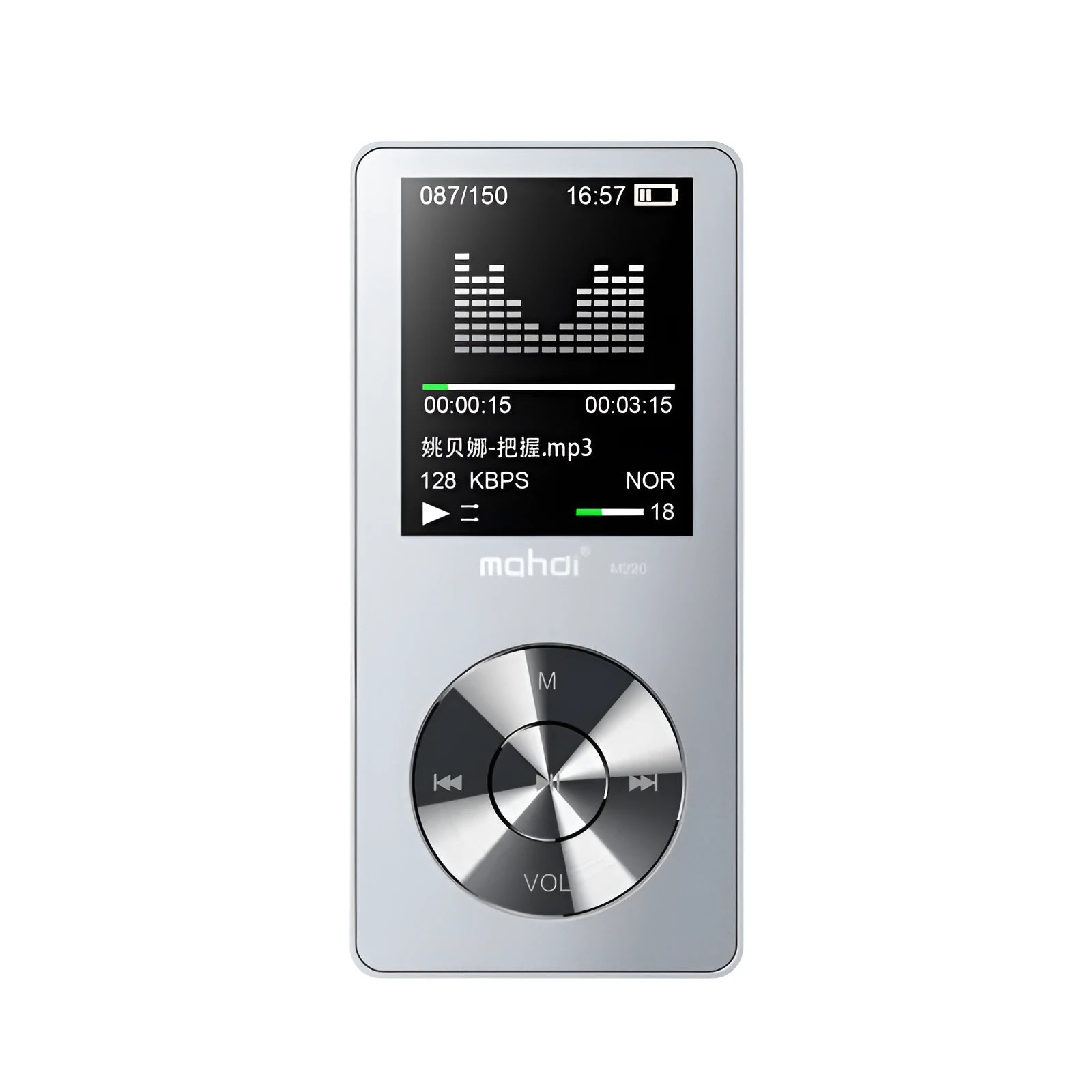 Gold all-metal portable MP3 music player with 1.8-inch screen displayed next to headphones.